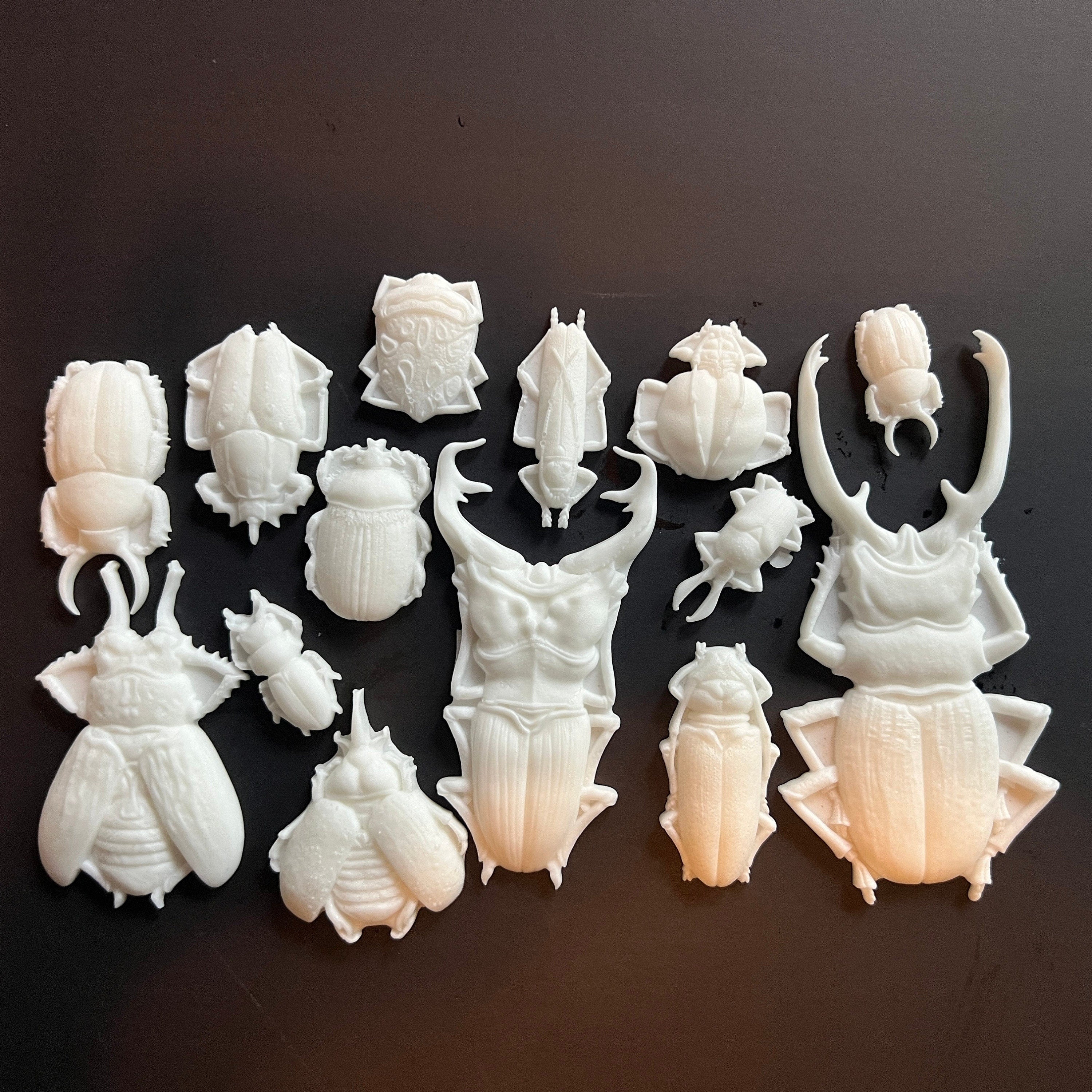 Collection of white beetle-shaped sculptures on a dark background