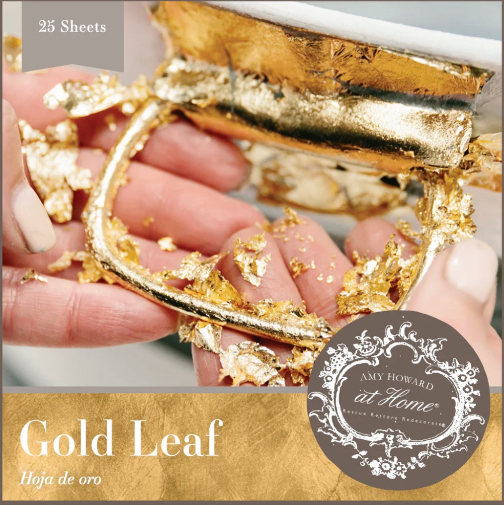 Gold leaf sheets with a person holding them, branded 'Amy Howard at Home'.
