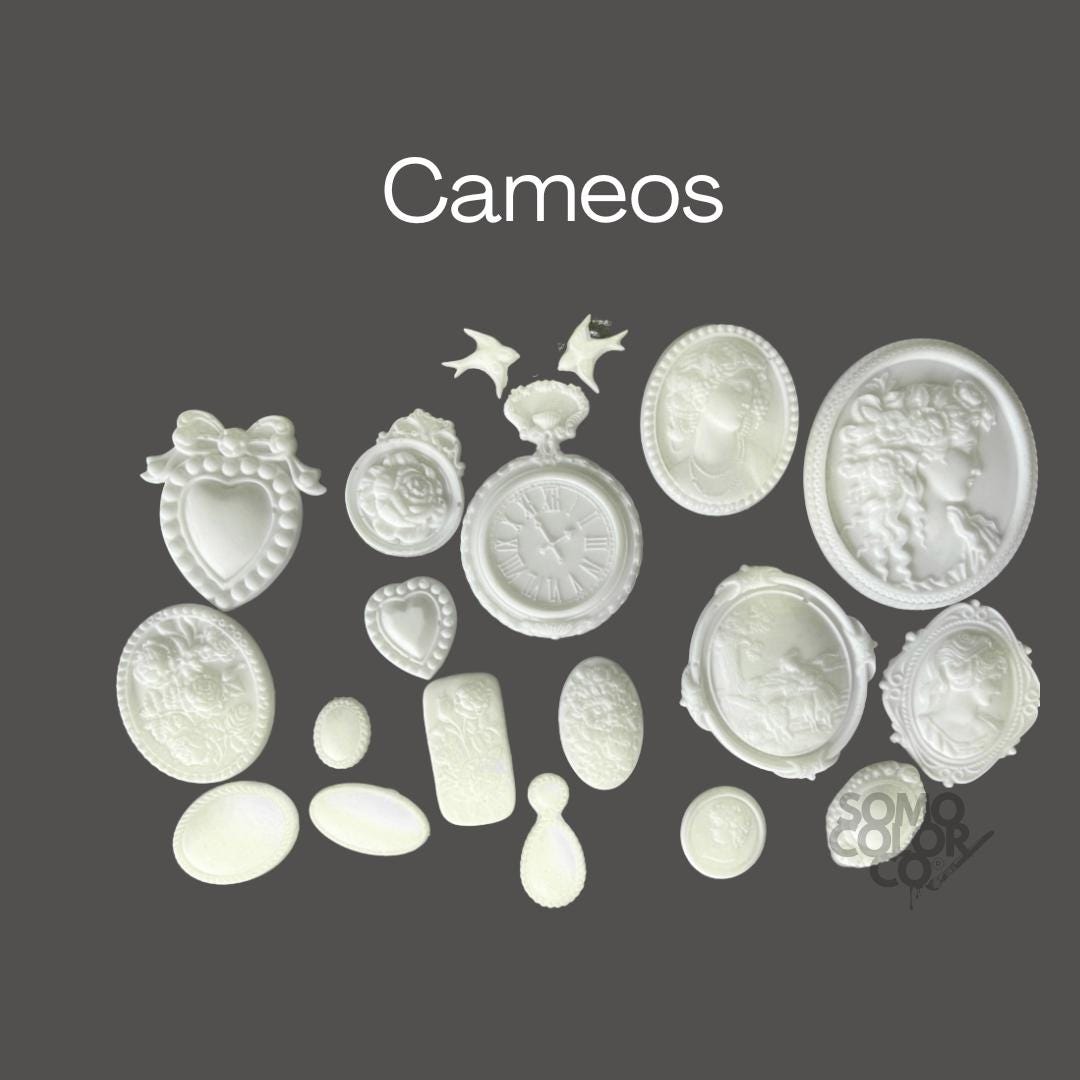 Collection ofcameos on a dark background with 'Cameos' text above.