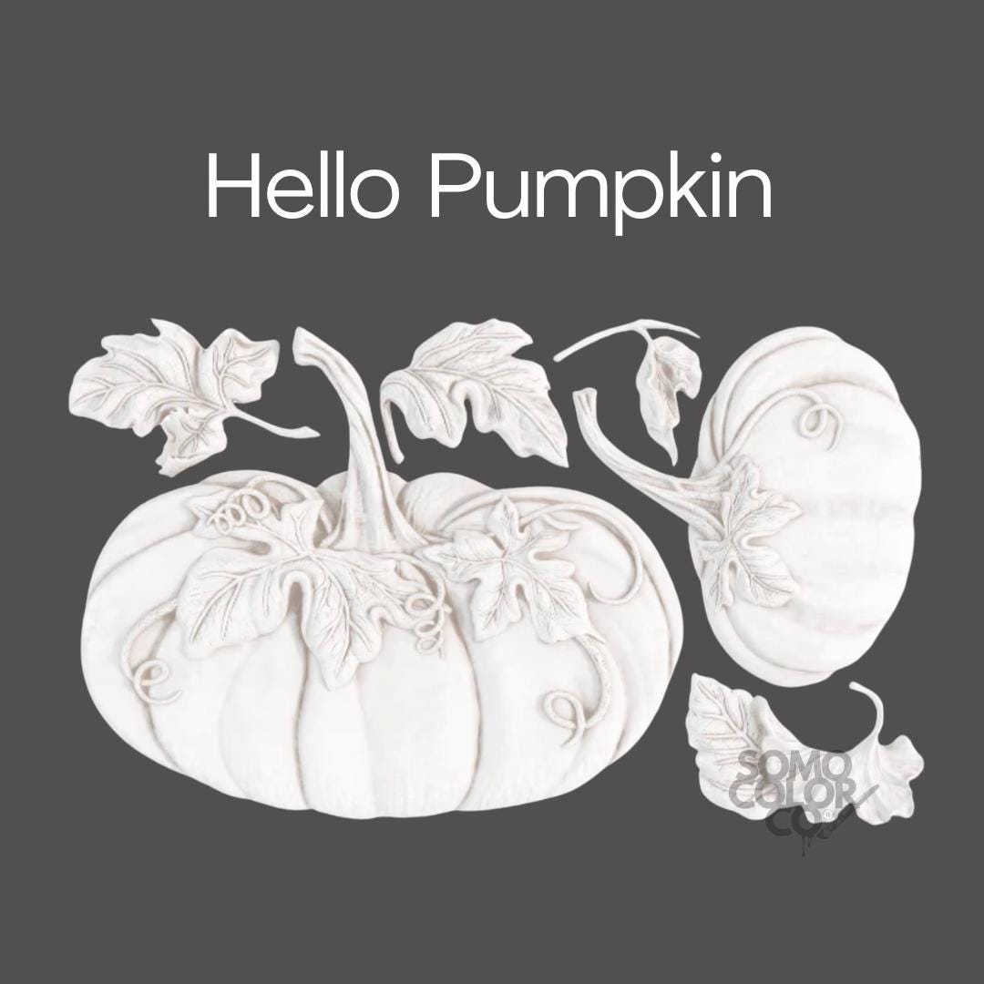 Decorative white pumpkin design with leaves on a gray background, featuring 'Hello Pumpkin' text.