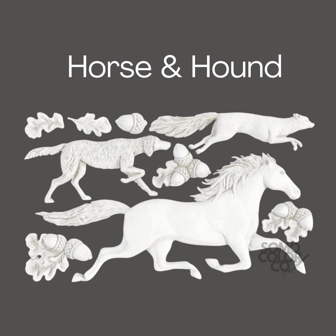 White illustrations of horses and hounds on a dark gray background with 'Horse & Hound' text.