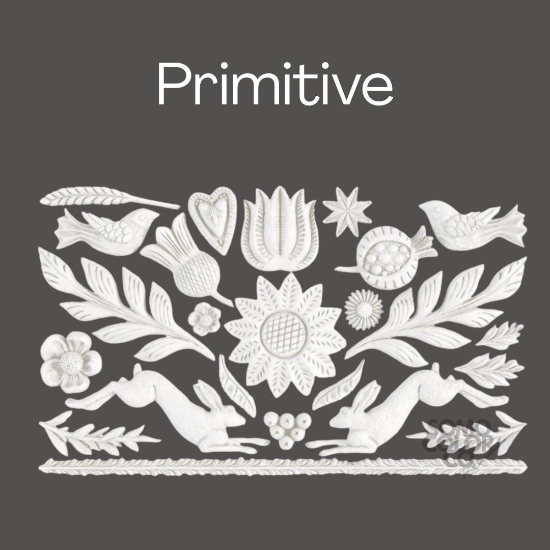 Decorative pattern with flowers, birds, and animals on a gray background with 'Primitive' text.