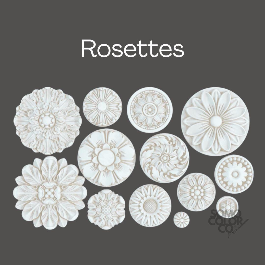 Decorative rosettes on a gray background with 'Rosettes' text.