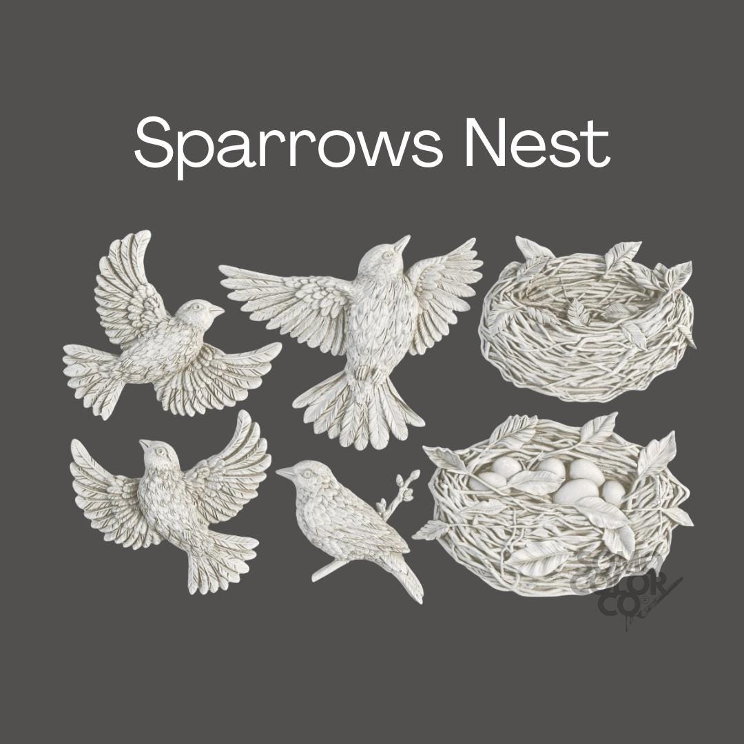 Illustrations of sparrows and nests on a dark background with 'Sparrows Nest' text.