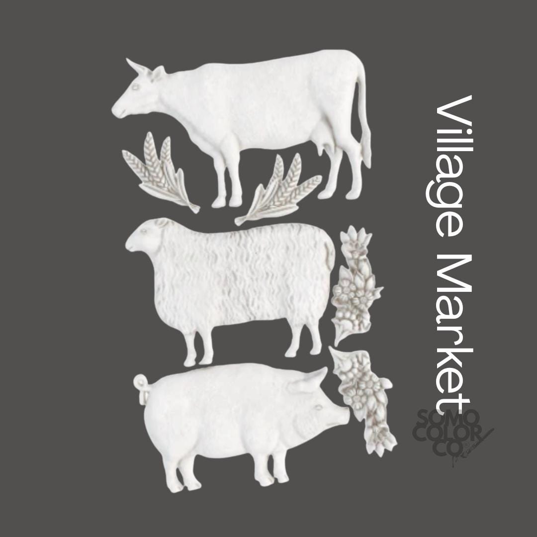White illustrations of a cow, sheep, and pig with floral elements on a gray background, featuring 'Village Market' branding.