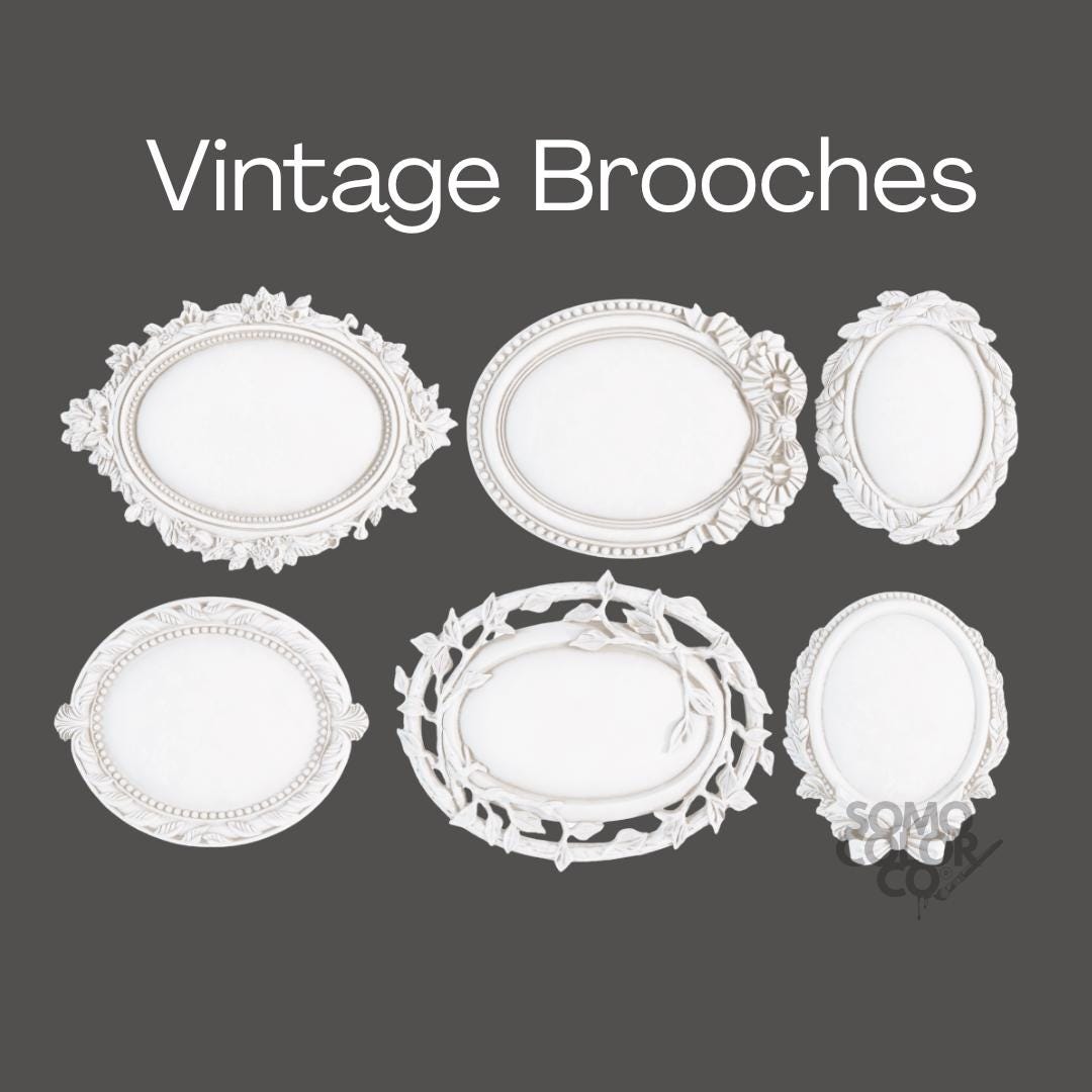 Set of vintage brooches on a gray background with 'Vintage Brooches' text.