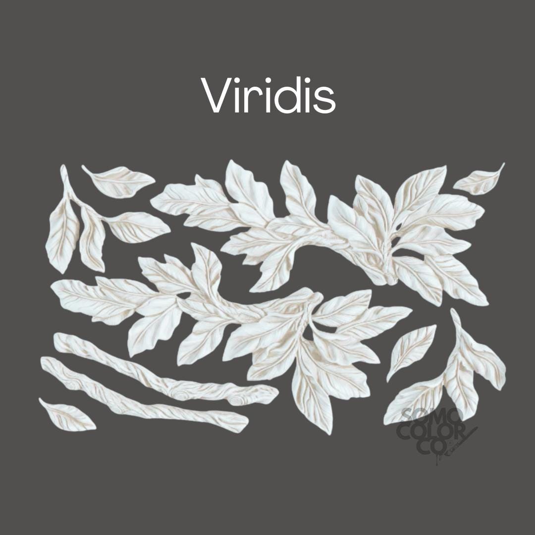 Decorative leaf pattern with 'Viridis' text on a dark background